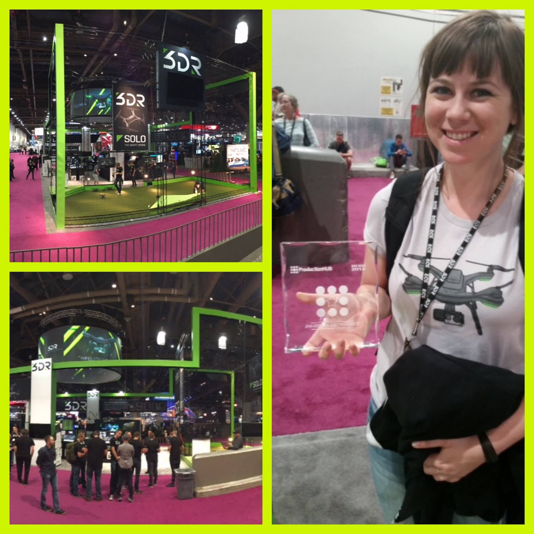Collage on a lime-green border: two photos of a large 3DR trade-show booth with green framing, SOLO signage and a netted drone flight area on pink carpet, and a smiling person in a drone T-shirt and 3DR lanyard holding a clear award plaque.